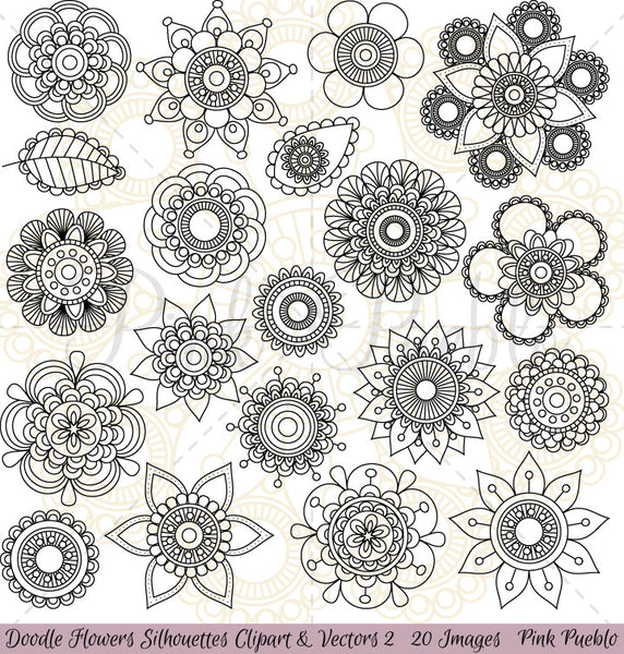 Doodle Flower Silhouettes Clipart and Vectors - PinkPueblo