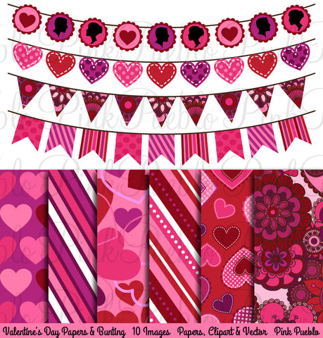 Valentine's Day Bunting Clipart and Digital Papers - PinkPueblo