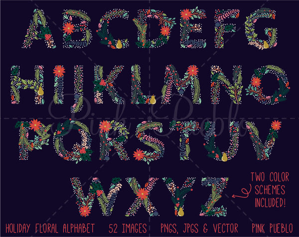 Christmas Floral Alphabet Clipart and Vectors - PinkPueblo