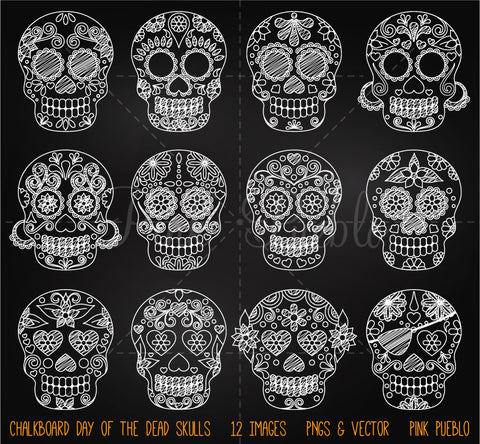 Chalkboard Day of the Dead Skulls Clipart and Vectors - PinkPueblo