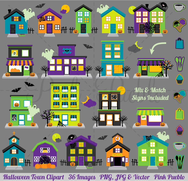 Halloween Village Clipart with Mix and Match Signs - PinkPueblo