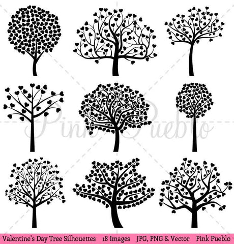 Valentine's Day Tree Silhouettes Clipart and Vectors - PinkPueblo