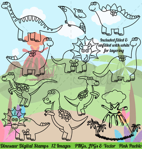 Dinosaur Line Art or Digital Stamps - PinkPueblo