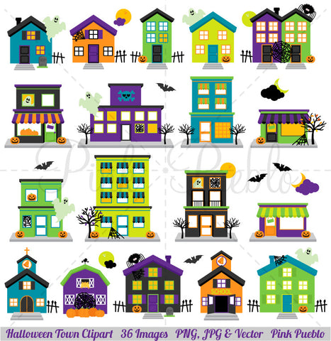 Halloween Village Clipart with Mix and Match Signs - PinkPueblo