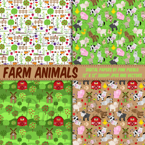 Farm Animal Digital Paper, Farm Animal Scrapbook Paper - PinkPueblo