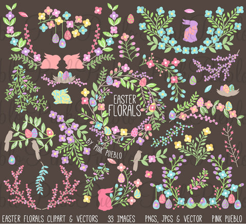 Vintage Easter Flowers & Laurels Clipart - PinkPueblo