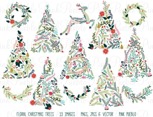 Floral Christmas Trees & Bunting Clipart - PinkPueblo