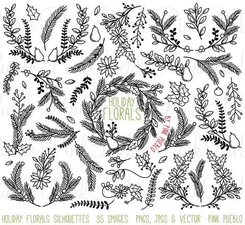 Christmas Holiday Floral Silhouettes Clipart - PinkPueblo