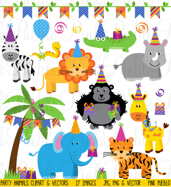 Birthday Party Animals Clipart and Vectors - PinkPueblo