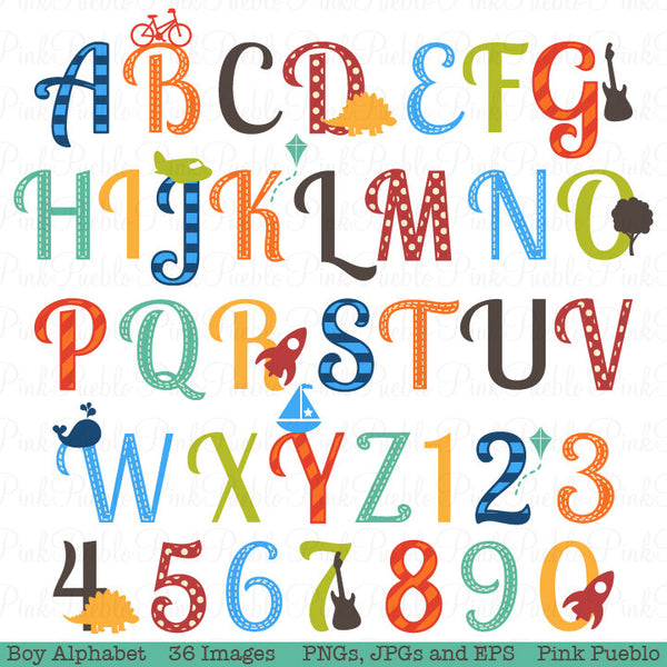 Boy Alphabet Clipart & Vectors, Uppercase and Numbers - PinkPueblo