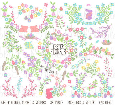 Vintage Easter Flowers & Laurels Clipart - PinkPueblo