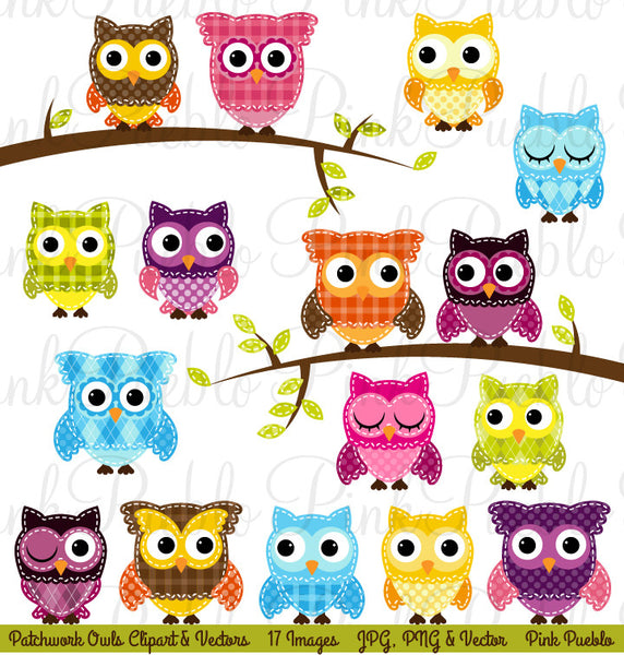Patchwork Owls Clipart and Vectors - PinkPueblo