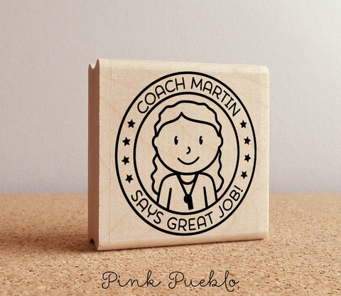 Personalized Female Coach Rubber Stamp, Coach or Teacher Stamp, Personalized Coach or Teacher Gift - Choose Hairstyle and Accessories - PinkPueblo