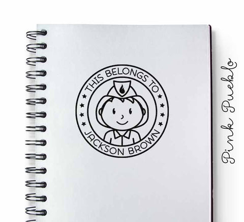 Personalized Firefighter Rubber Stamp for Boys, Custom Fireman Rubber Stamp - Choose Hairstyle and Accessories - PinkPueblo