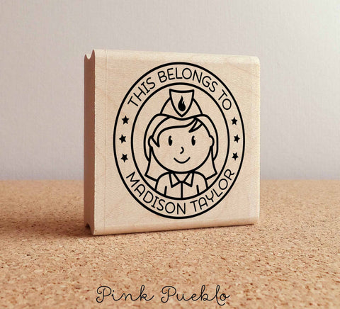 Personalized Firefighter Rubber Stamp for Girls, Custom Fireman Rubber Stamp - Choose Hairstyle and Accessories - PinkPueblo