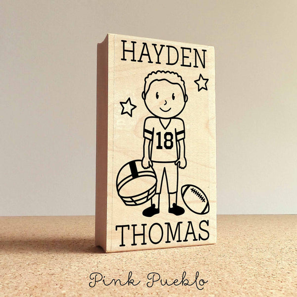 Personalized Football Rubber Stamp, Children's Football Stamp - Choose Hairstyle and Accessories - PinkPueblo