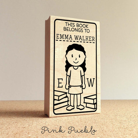Bookplate Stamp for Kids, Personalized Custom Bookplate Rubber Stamp - Choose Hair, Clothing and Name - PinkPueblo