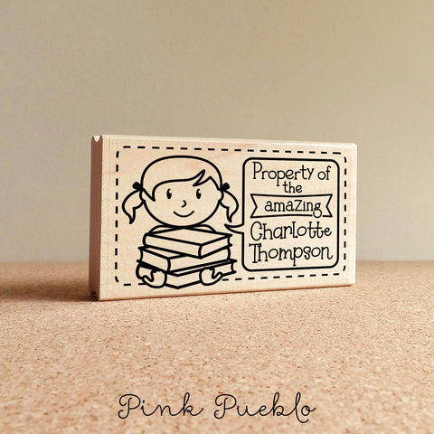 Bookplate Stamp for Kids, Personalized Bookplates for Kids - Choose Hairstyle and Text - PinkPueblo