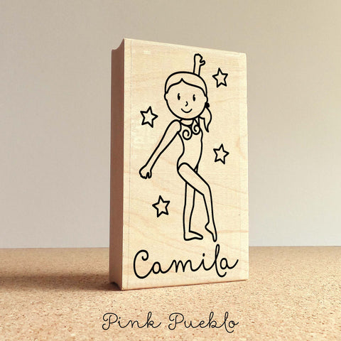 Personalized Gymnastics Rubber Stamp for Children, Custom Gymnast Stamp - Choose Hairstyle and Accessories - PinkPueblo