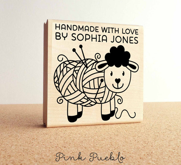 Large 3x3" Personalized Knitting Rubber Stamp, Handmade with Love - PinkPueblo