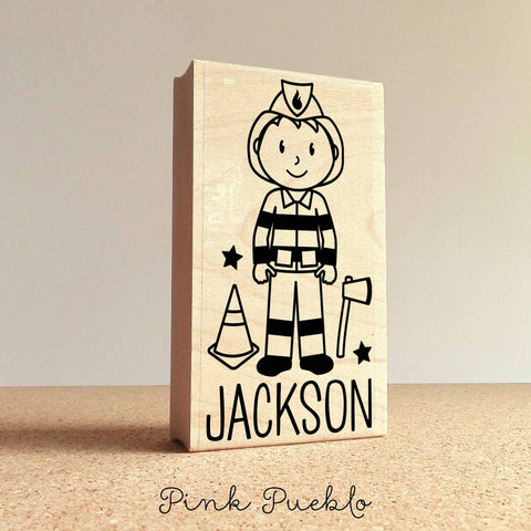 Personalized Firefighter Rubber Stamp, Custom Little Boy Firefighter Rubber Stamp - Choose Hairstyle and Accessories - PinkPueblo