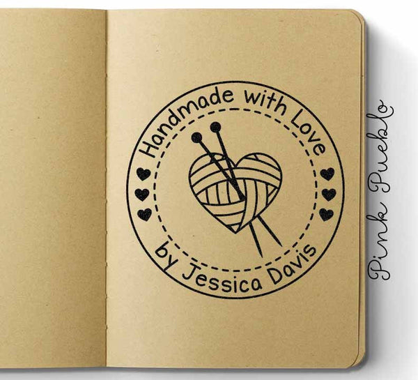 Large 3x3" Personalized Knitting Rubber Stamp, Handmade with Love - PinkPueblo