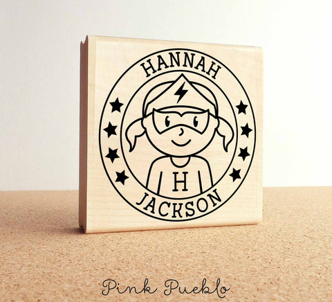 Large Personalized Superhero Girl Rubber Stamp - PinkPueblo