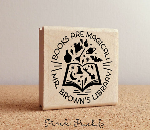 Personalized Teacher Book Stamp, Books are Magical Bookplate Stamp for Teachers - PinkPueblo
