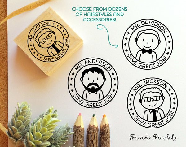 Personalized Male Teacher Rubber Stamp - Choose Text, Hairstyle - PinkPueblo