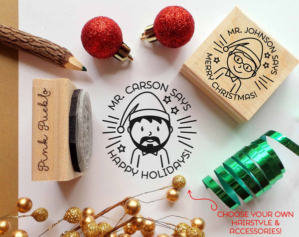 Merry Christmas Teacher Rubber Stamp, Happy Holidays Teacher Stamp, Personalized Teacher Gift - Choose Hairstyle - PinkPueblo