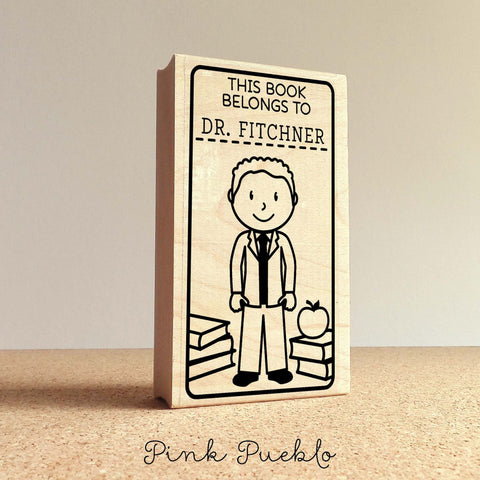 Teacher Book Stamp, Personalized Bookplate Rubber Stamp, Teacher Stamps - Choose Hairstyle, Clothing and Name - PinkPueblo