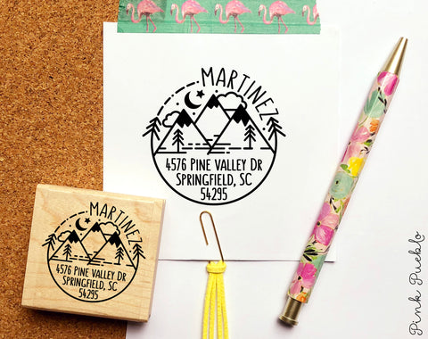 Address Stamp with Mountain, Personalized Rustic Return Address Stamp with Mountains and Trees - PinkPueblo