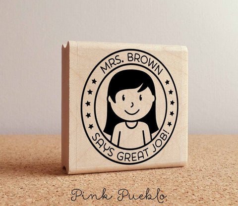 Personalized Female Teacher Rubber Stamp, Personalized Teacher Gift - Choose Hairstyle and Accessories - PinkPueblo