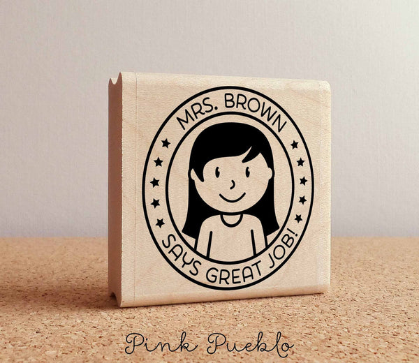 Personalized Female Teacher Rubber Stamp, Custom Teacher Stamp, Personalized Teacher Gift - Choose Hairstyle and Accessories - PinkPueblo