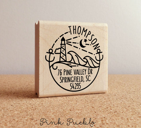 Beach Address Stamp, Personalized Modern Return Address Stamp with Ocean and Lighthouse - PinkPueblo