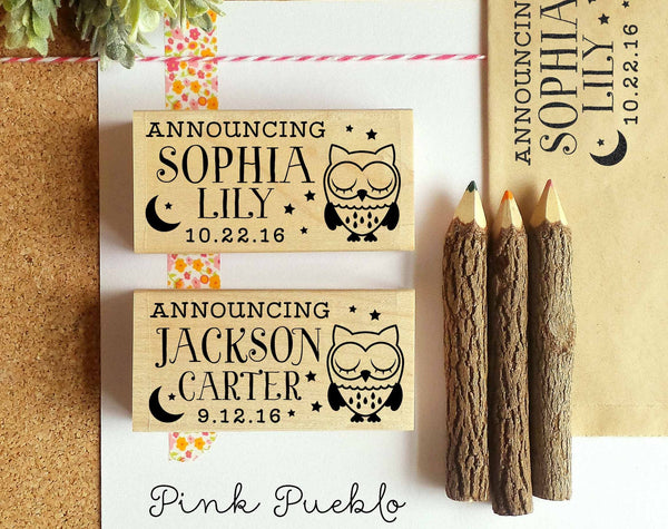 Personalized Birth Announcement Rubber Stamp, Sleeping Owl Baby Announcement Stamp - PinkPueblo