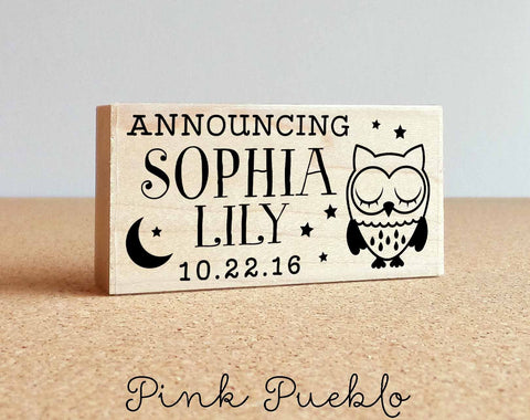 Personalized Birth Announcement Rubber Stamp, Sleeping Owl Baby Announcement Stamp - PinkPueblo