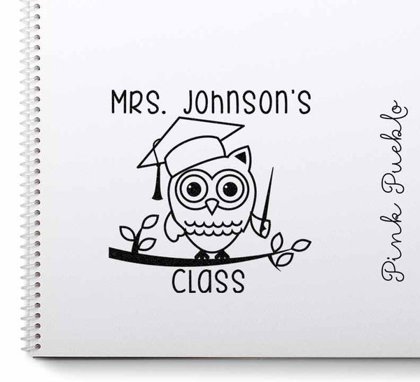 Large Personalized Teacher Owl Rubber Stamp - PinkPueblo