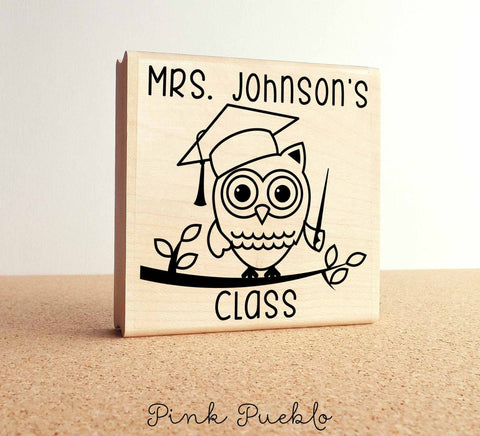 Large Personalized Teacher Owl Rubber Stamp - PinkPueblo