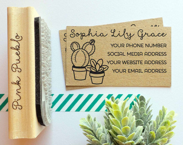 Personalized Cactus and Succulent Business Card Stamp, Custom Business Card Rubber Stamp - PinkPueblo