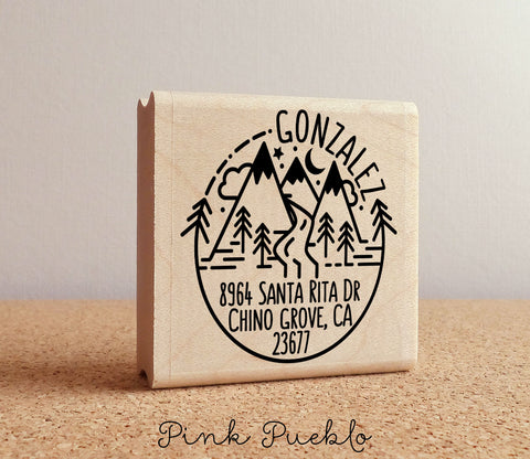 Address Stamp with Mountains and a River, Personalized Rustic Return Address Stamp - PinkPueblo