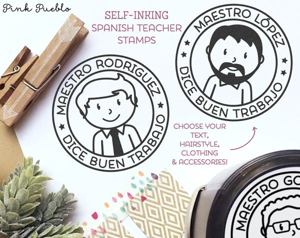 Self Inking Spanish Teacher Stamps, Spanish Teacher Gifts - Choose Hairstyle and Accessories - PinkPueblo