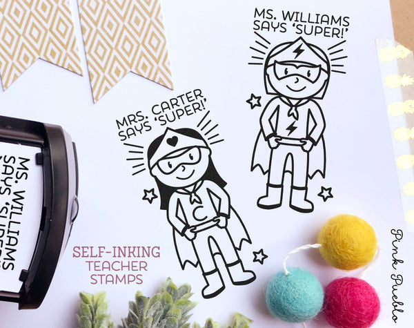 Self Inking Teacher Stamp, Superhero Teacher Stamp, Personalized Teacher Gifts - Choose Hairstyle and Accessories - PinkPueblo