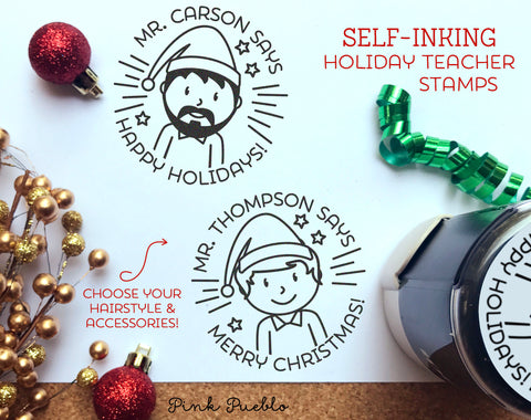 Self Inking Christmas Teacher Stamps, Teacher Christmas Gifts, Merry Christmas Stamp - Choose Hairstyle and Accessories - PinkPueblo