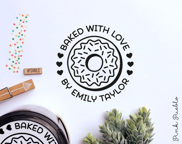 Self Inking Baked with Love Stamp, Personalized Donut Stamp, Doughnut Stamp for Baking and Cooking - PinkPueblo