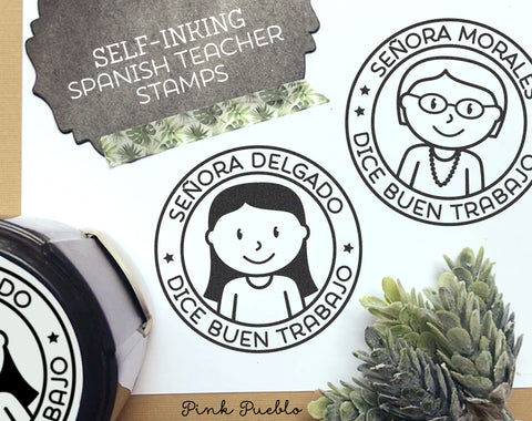 Self-Inking Spanish Teacher Stamp, Personalized Teacher Stamp, Spanish Teacher Gift - Choose Hairstyle and Accessories - PinkPueblo