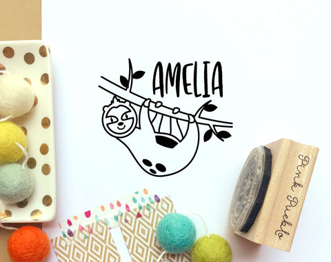 Personalized Sloth Stamp for Kids, Kids Rubber Stamp with Sloth, Sloth Gift - PinkPueblo