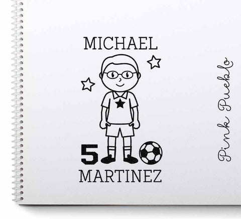 Personalized Soccer Rubber Stamp, Custom Boy Soccer Rubber Stamp - Choose Hairstyle and Accessories - PinkPueblo
