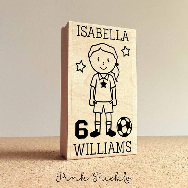 Girl's Personalized Soccer Rubber Stamp, Custom Soccer Rubber Stamp - Choose Hairstyle and Accessories - PinkPueblo