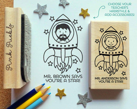 Personalized Teacher Stamp, Outer Space Themed Teacher Rubber Stamp, You Are a Star Stamp - Choose Hairstyle and Accessories - PinkPueblo